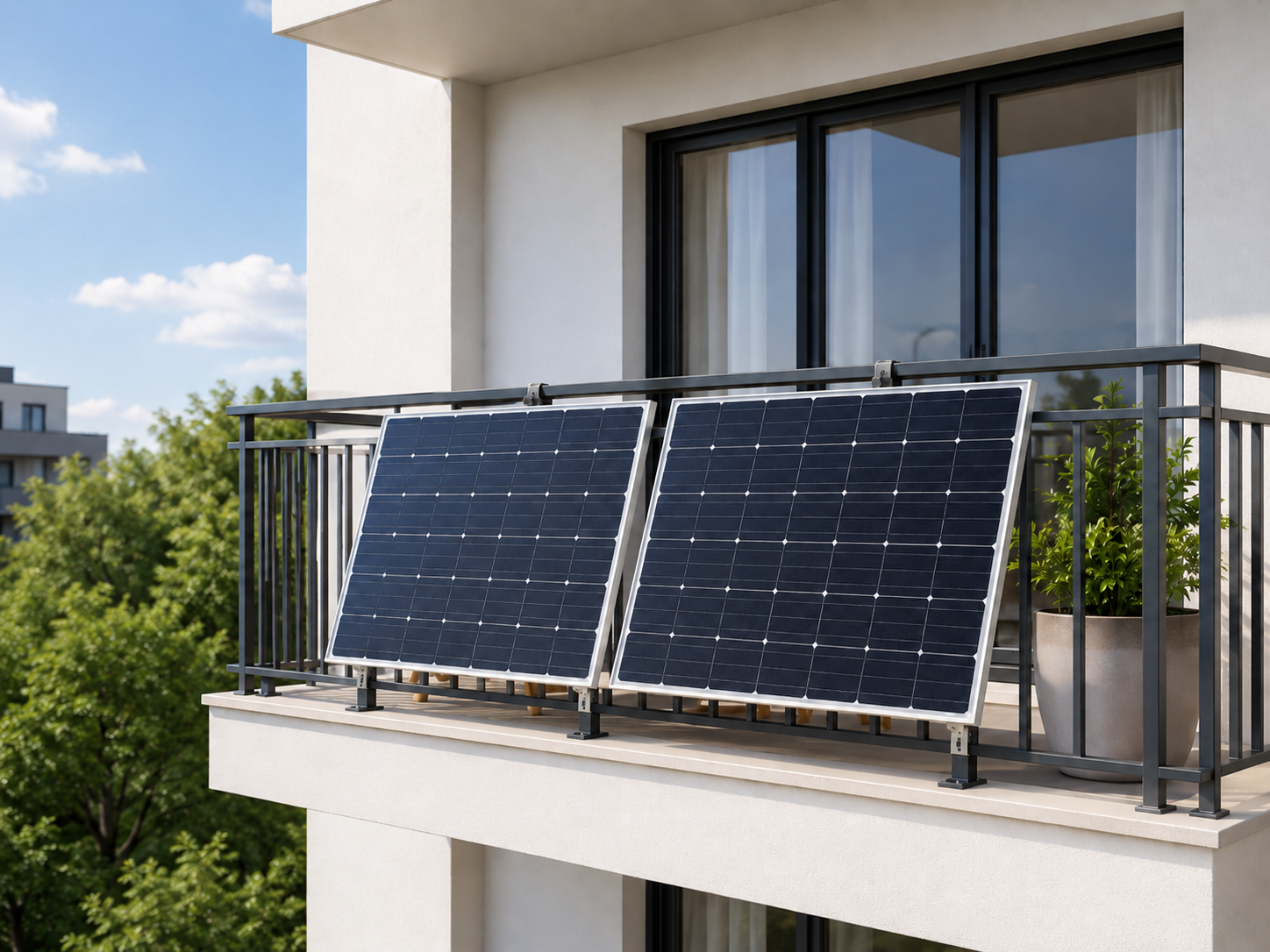 A balcony solar panel installed at a Maryland apartment building